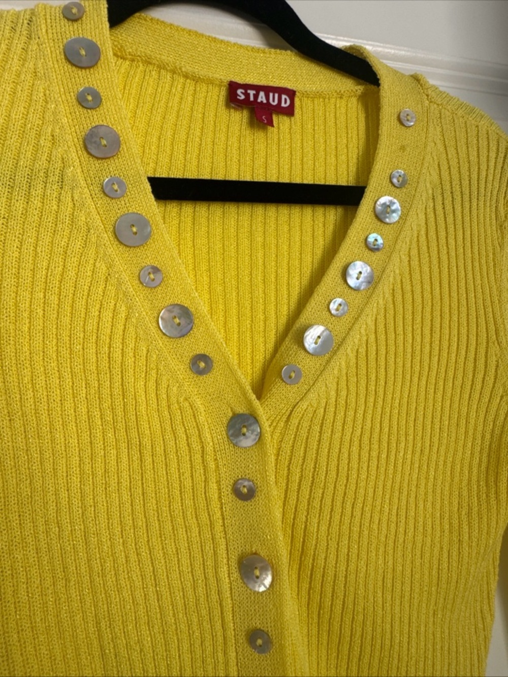 STAUD Alastor Mother Of Pearl Button Detail Yellow Cardigan Sweater Size Small - Picture 3 of 8
